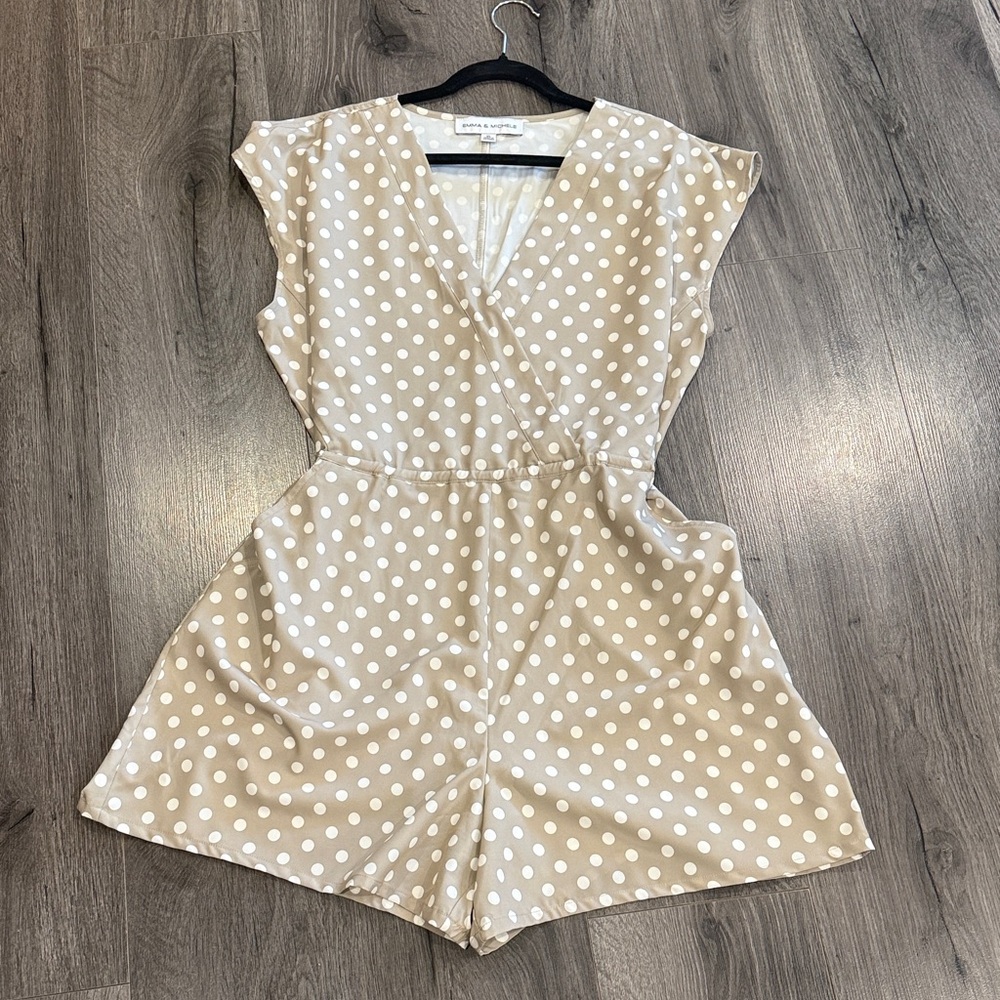 Emma & Michele Beige and White Polka Dot Wrap Romper